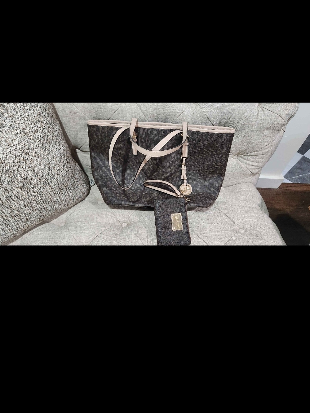 Michael Kors Dark Brown Logo Tote with Light Beige Trim and Wristlet